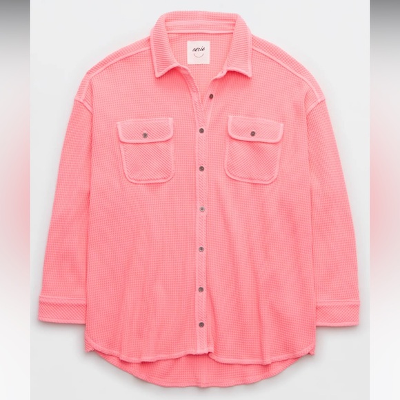 Aerie LumberJane Waffle Shirt Shacket Button Down Oversized in Coral Sun - Picture 2 of 14
